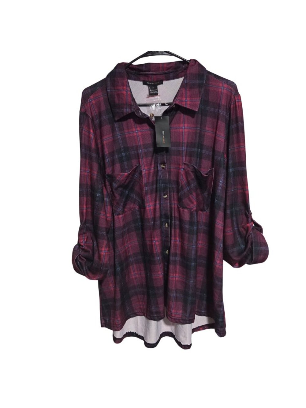 Robert Louis Plaid Button Up Shirt Plus Size 2X Red Black Long Sleeve High LOw